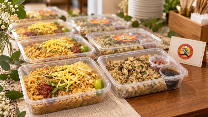 Fortune Food Mee Siam Goreng Bento and Swatow Glutinous Rice Bento in Singapore, $6.90 each, minimum 20 boxes.