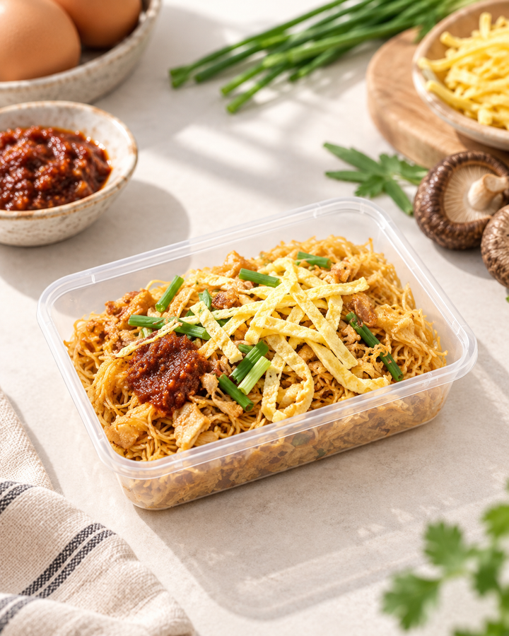 Mee Siam Goreng Bento with egg strips, chives, crispy beancurd and sambal by Fortune Food Singapore