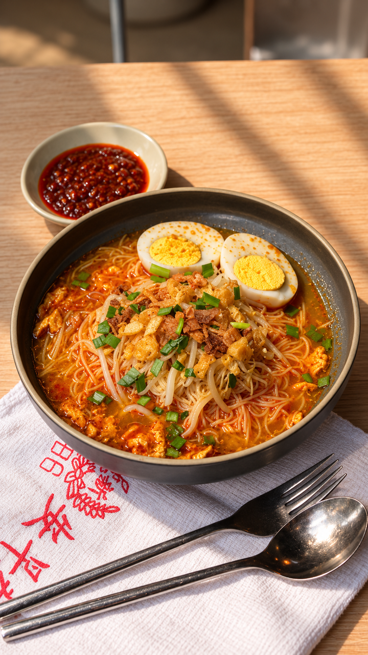 Mee Siam Set by Fortune Food: bee hoon in tangy orange mee siam gravy topped with boiled egg, chives and fried shallots, with mee siam chilli