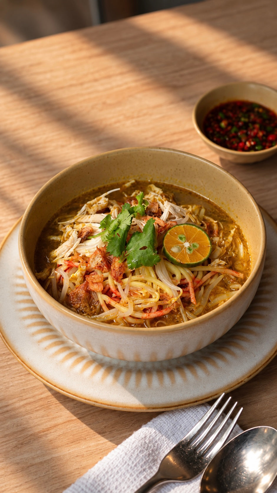 Mee Soto Set by Fortune Food: noodles in golden mee soto gravy with shredded chicken, bean sprouts, Chinese celery, fried shallots and lime, with mee soto chilli