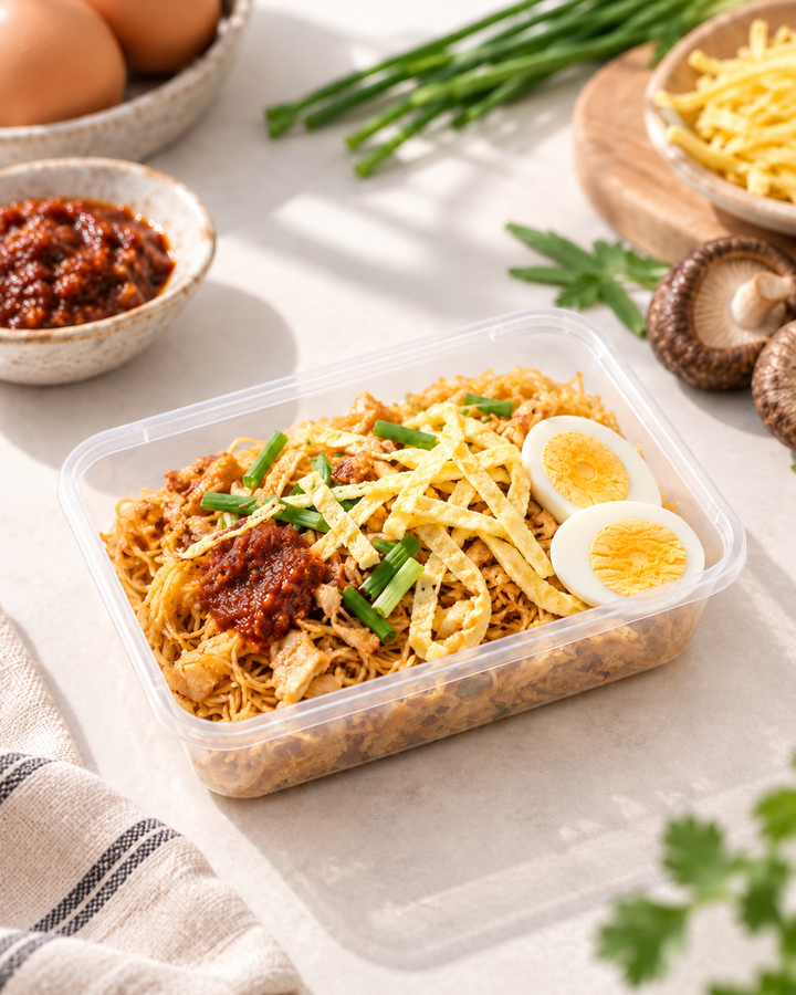 dry Mee Siam Bento with egg strips, chives, crispy beancurd and sambal by Fortune Food Singapore