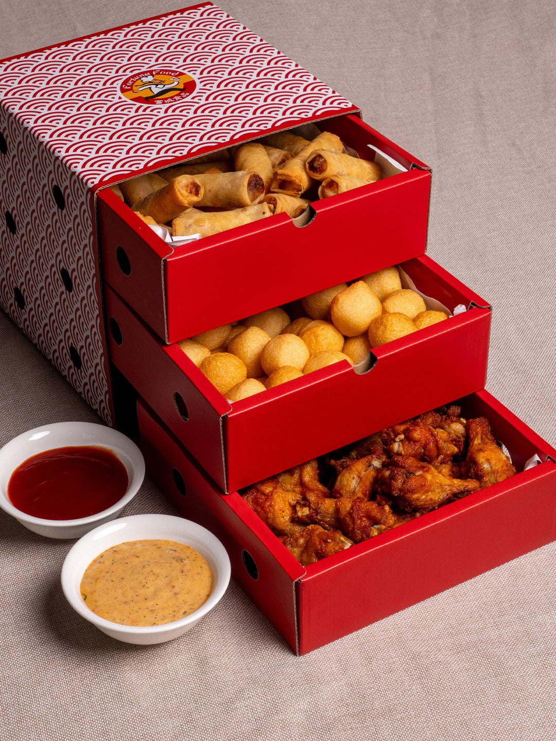 Fortune High Tea for 20: finger food platter with chicken drummets, spring rolls and fishballs