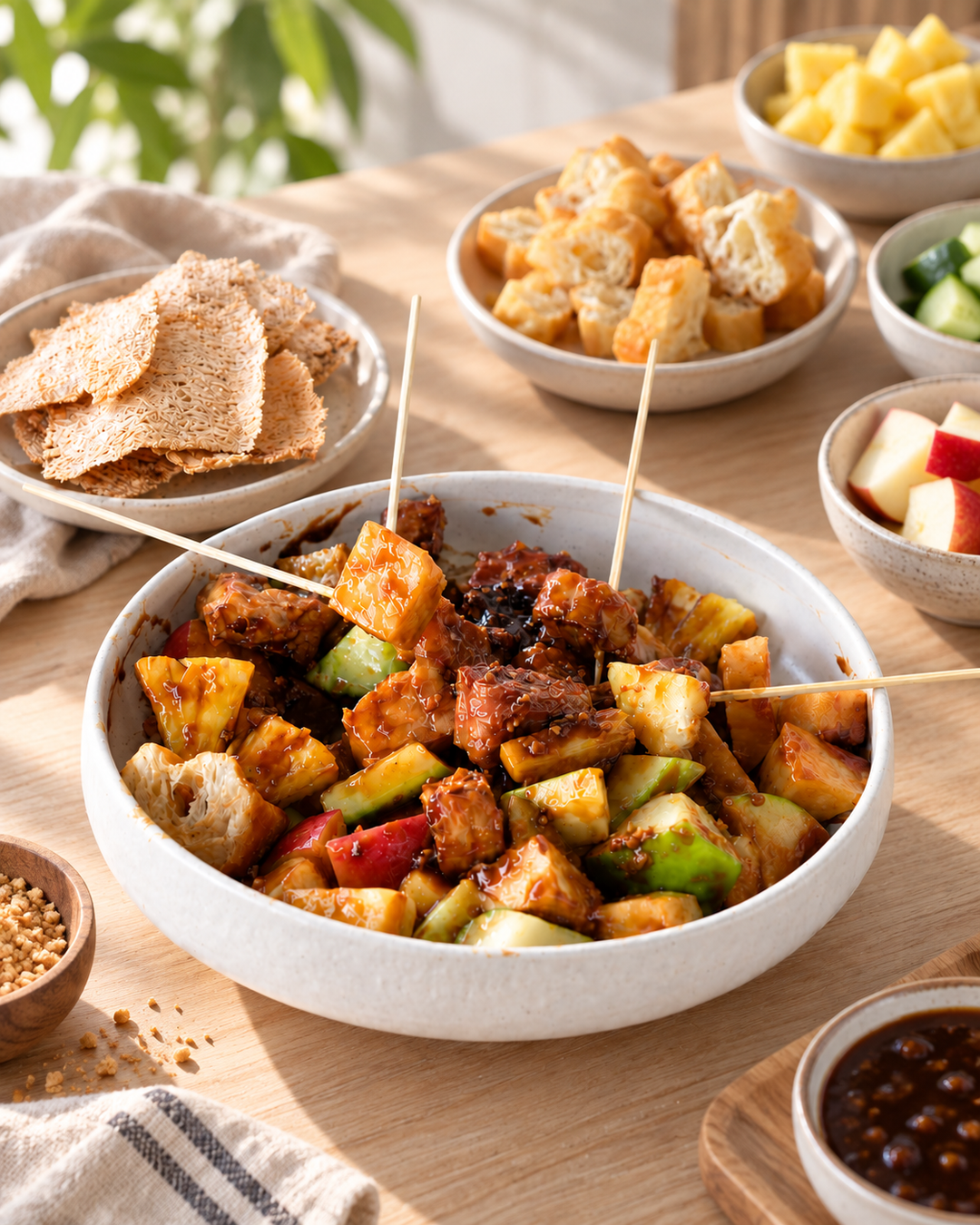 Fortune Food rojak with apple, cucumber, pineapple, youtiao and crispy cuttlefish, coated in rich rojak sauce and served in a ceramic bowl.