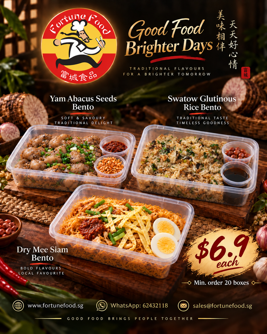 Fortune Food bento catering featuring Yam Abacus Seeds Bento, Swatow Glutinous Rice Bento and Dry Mee Siam Bento, priced at $6.90 each with a minimum order of 20 boxes.