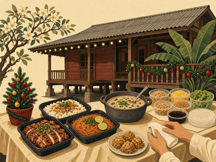 富城食品甘榜圣诞宴：火炙照烧鸡、烤杏仁香料饭、米暹、蘑菇汤和 DIY 薄饼，摆在充满节日气氛的甘榜餐桌上