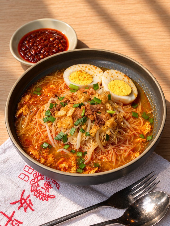 Mee Siam Set by Fortune Food: bee hoon in tangy orange mee siam gravy topped with boiled egg, chives and fried shallots, with mee siam chilli
