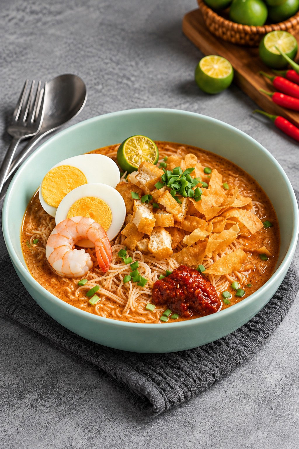 Fortune Food Mee Siam Set: bee hoon in tangy mee siam gravy with prawn, halved boiled egg, fried tau pok, crispy popiah skin crackers, chives, sambal and lime
