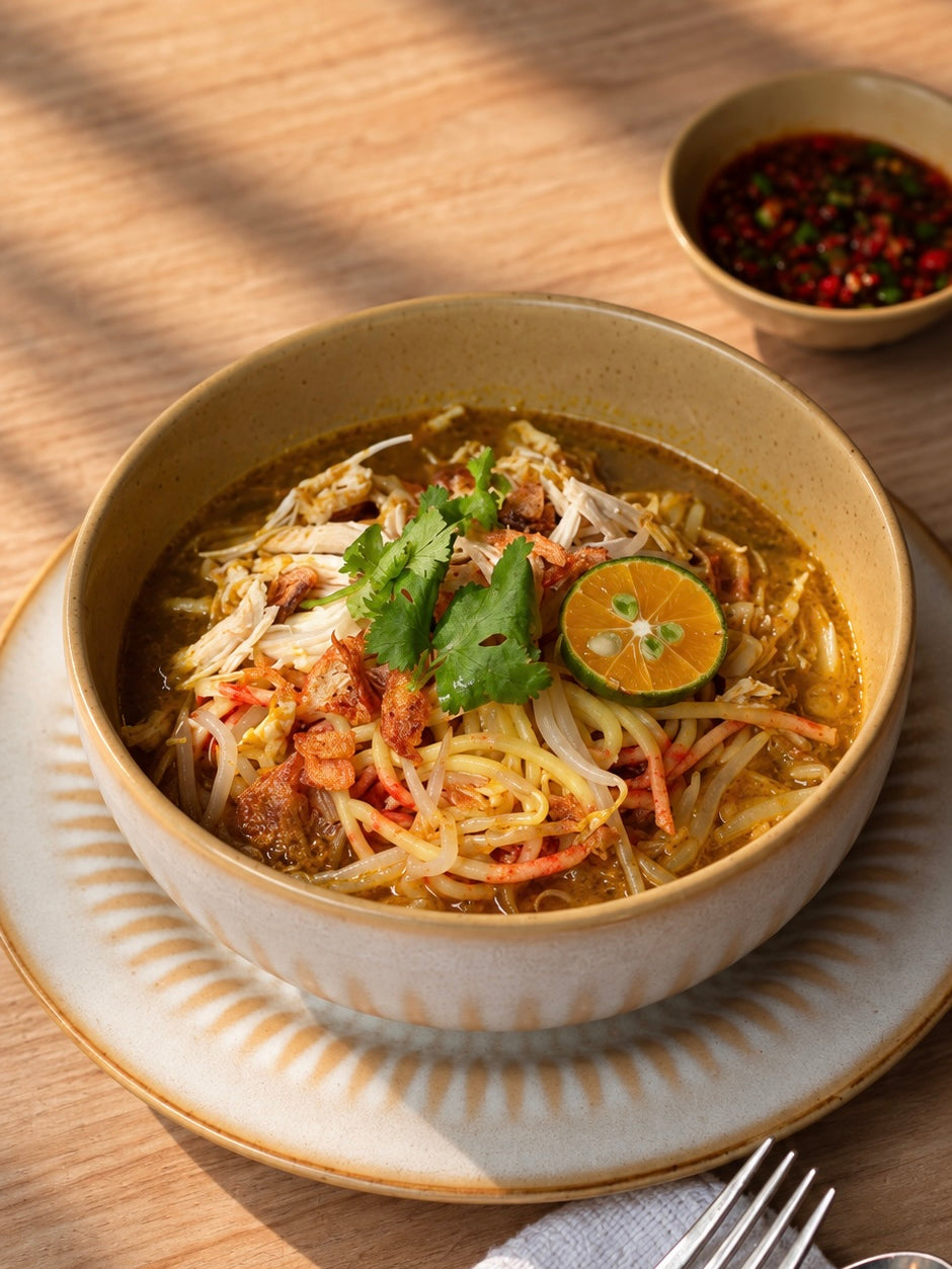 Mee Soto Set by Fortune Food: noodles in golden mee soto gravy with shredded chicken, bean sprouts, Chinese celery, fried shallots and lime, with mee soto chilli