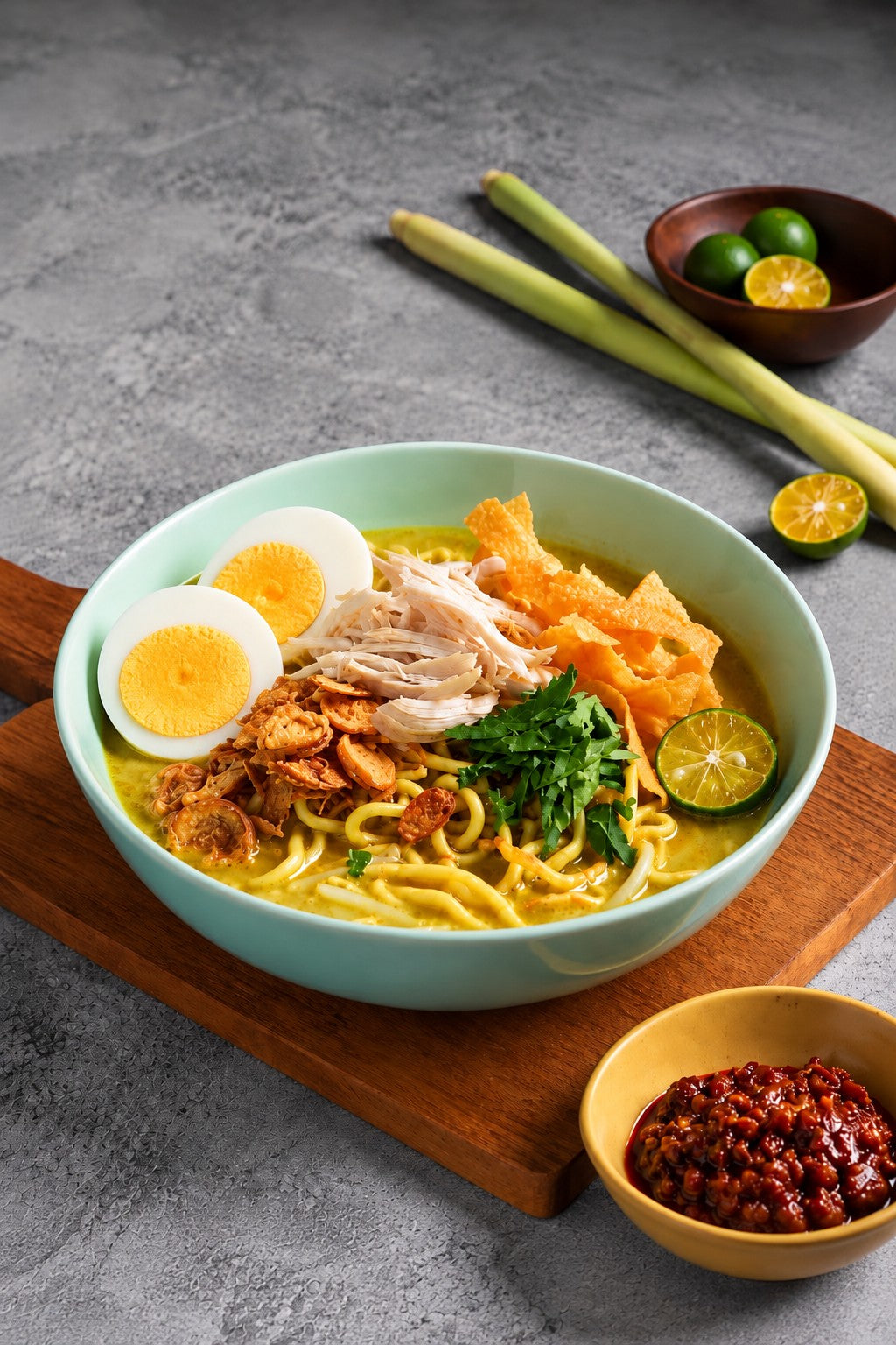 Fortune Food Mee Soto Set: yellow noodles in golden lemongrass chicken soup with shredded chicken, halved boiled egg, fried shallots, crispy popiah skin crackers, Chinese celery, lime and sambal