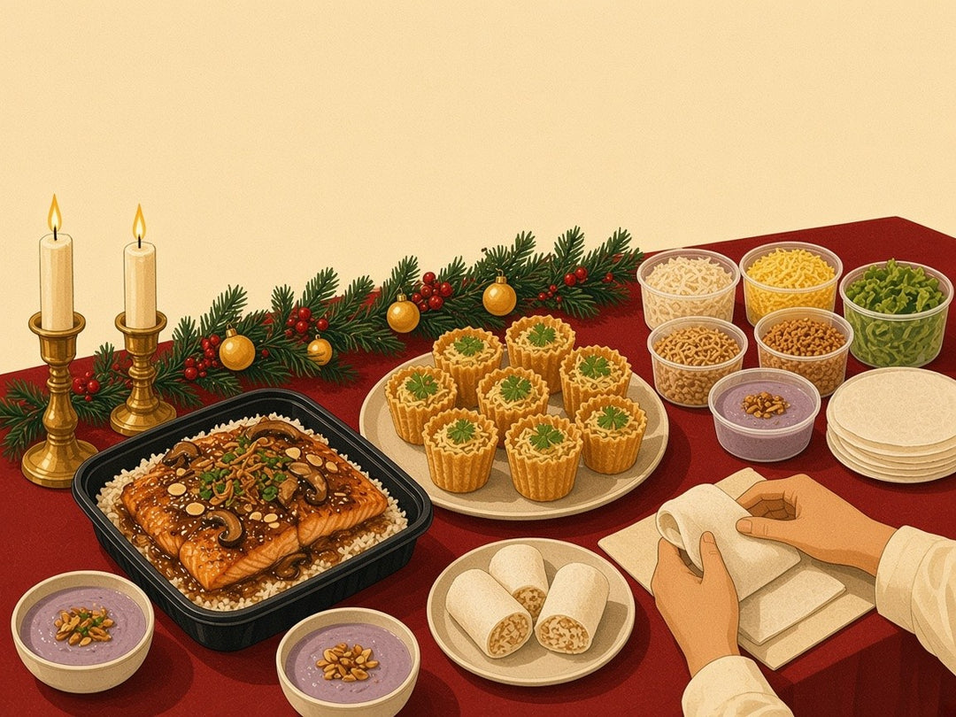 Salmon & Popiah Feast by Fortune Food: grilled salmon in mushroom kombu sauce on almond pilaf, Kueh Pie Tee, orh nee and a DIY popiah spread on a Christmas table