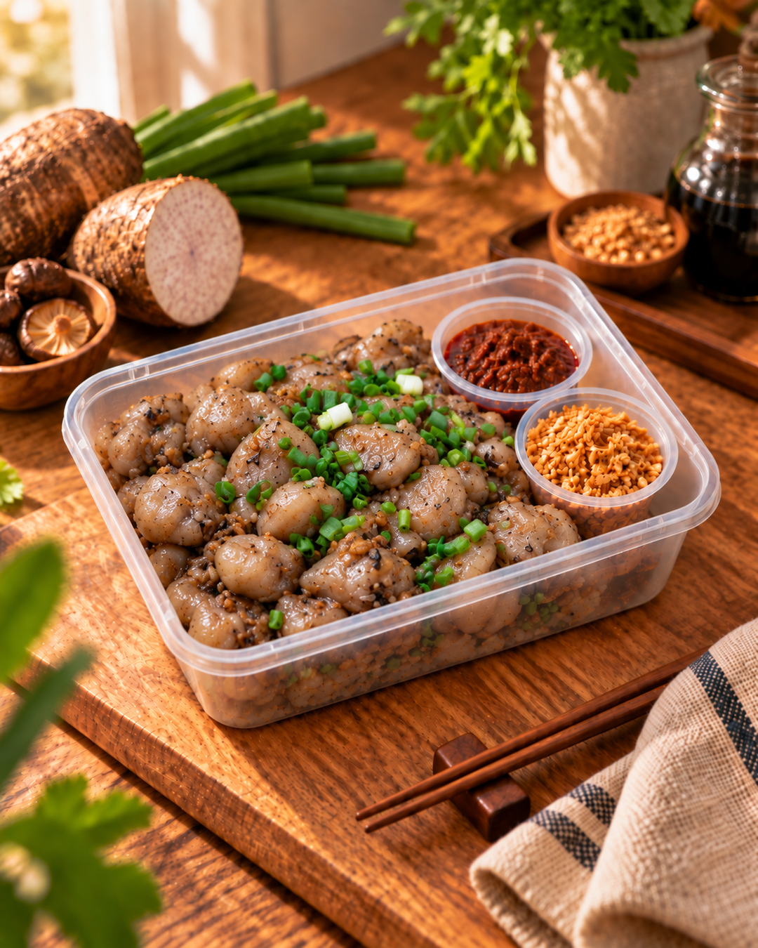 Yam Abacus Seeds Bento with spring onions, sambal chilli and crispy topping in a clear takeaway box by Fortune Food Singapore.