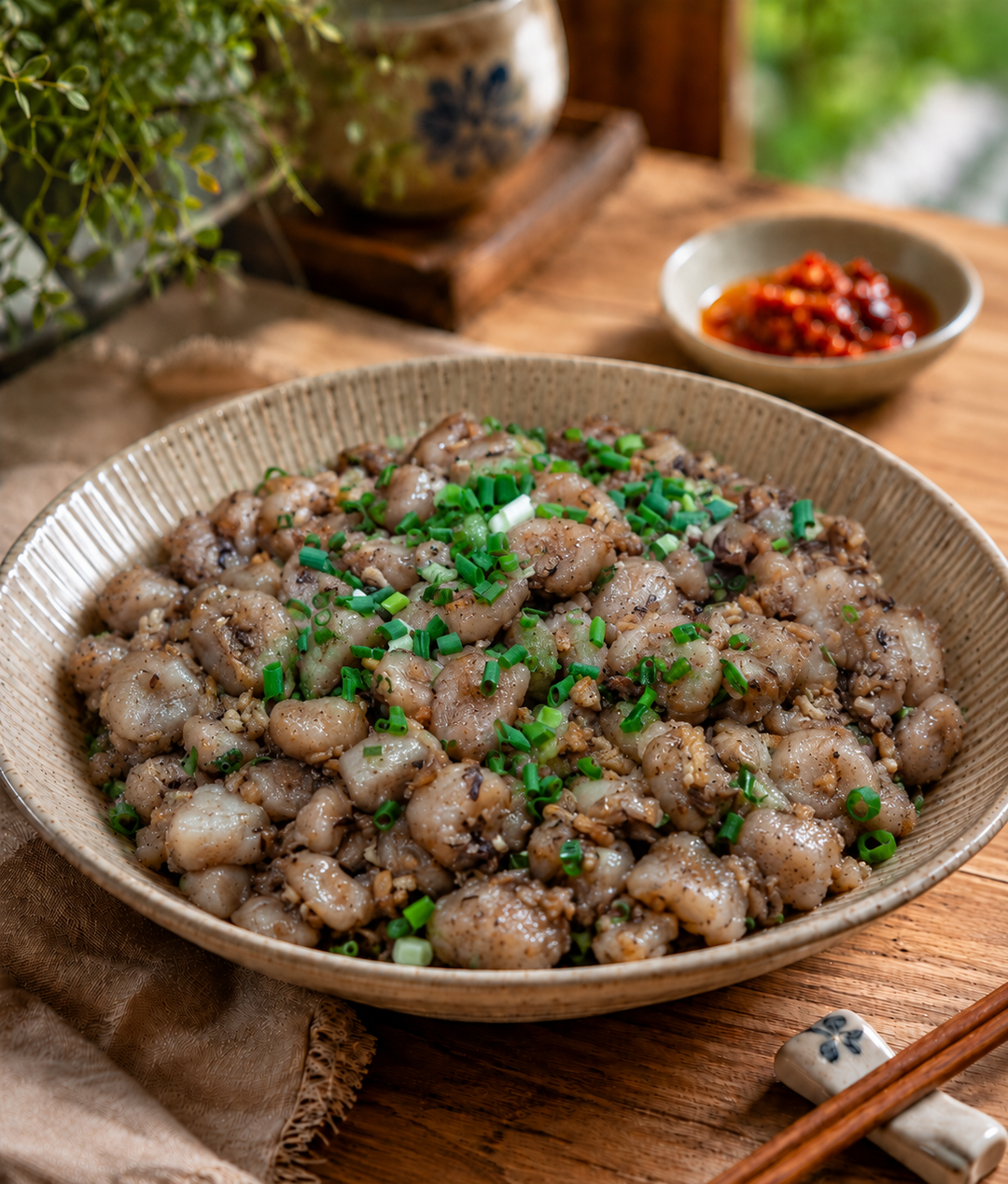 Yam Abacus Seeds topped with spring onions and savoury mushroom mixture, served in a ceramic bowl by Fortune Food Singapore.